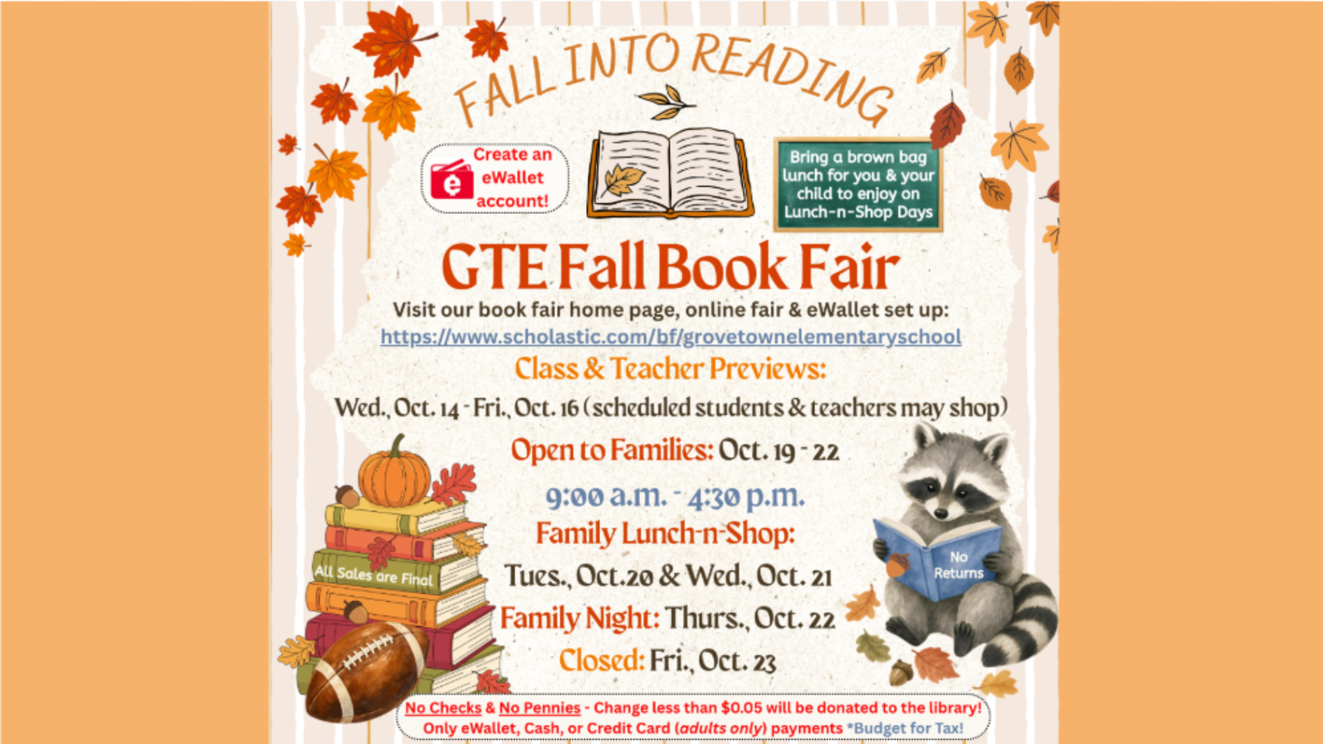 Fall Book Fair announcement with raccoon, dates, and details for families.