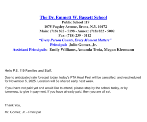 PTA Howl Fest Rescheduled Letter 10 30 25