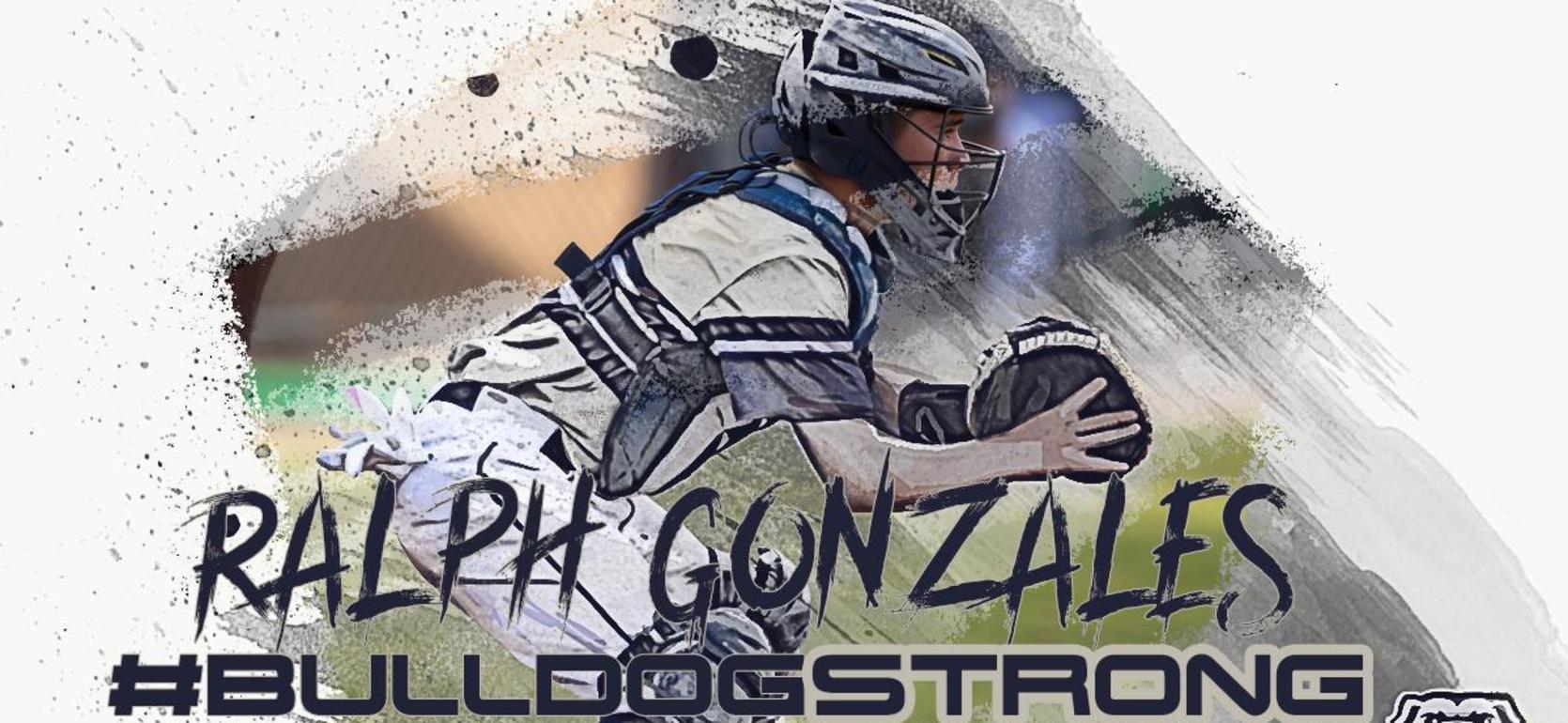 A baseball player in gear, ready to catch, with text overlay including a name and hashtag.