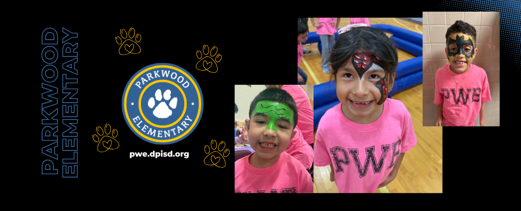 Children in pink shirts with face paint, smiling at Parkwood Elementary.