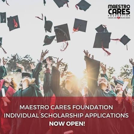 An image of college graduates tossing graduation caps into the air. Along the bottom edge, text that reads "Maestro Cares Scholarship Application now open"