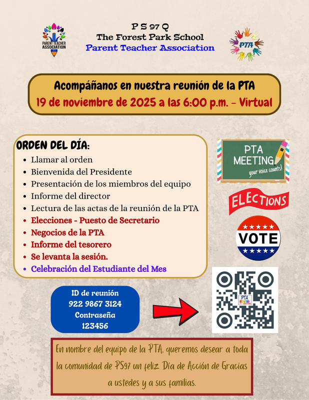 PTA meeting announcement flyer with details and agenda for a virtual meeting in Spanish.