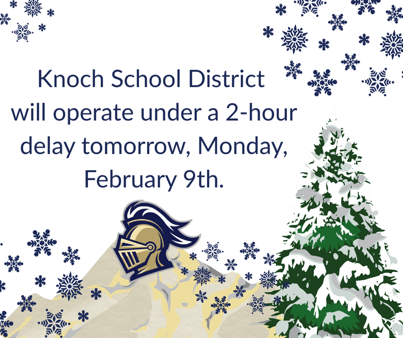snowflake background with knight symbol saying 2 hour delay