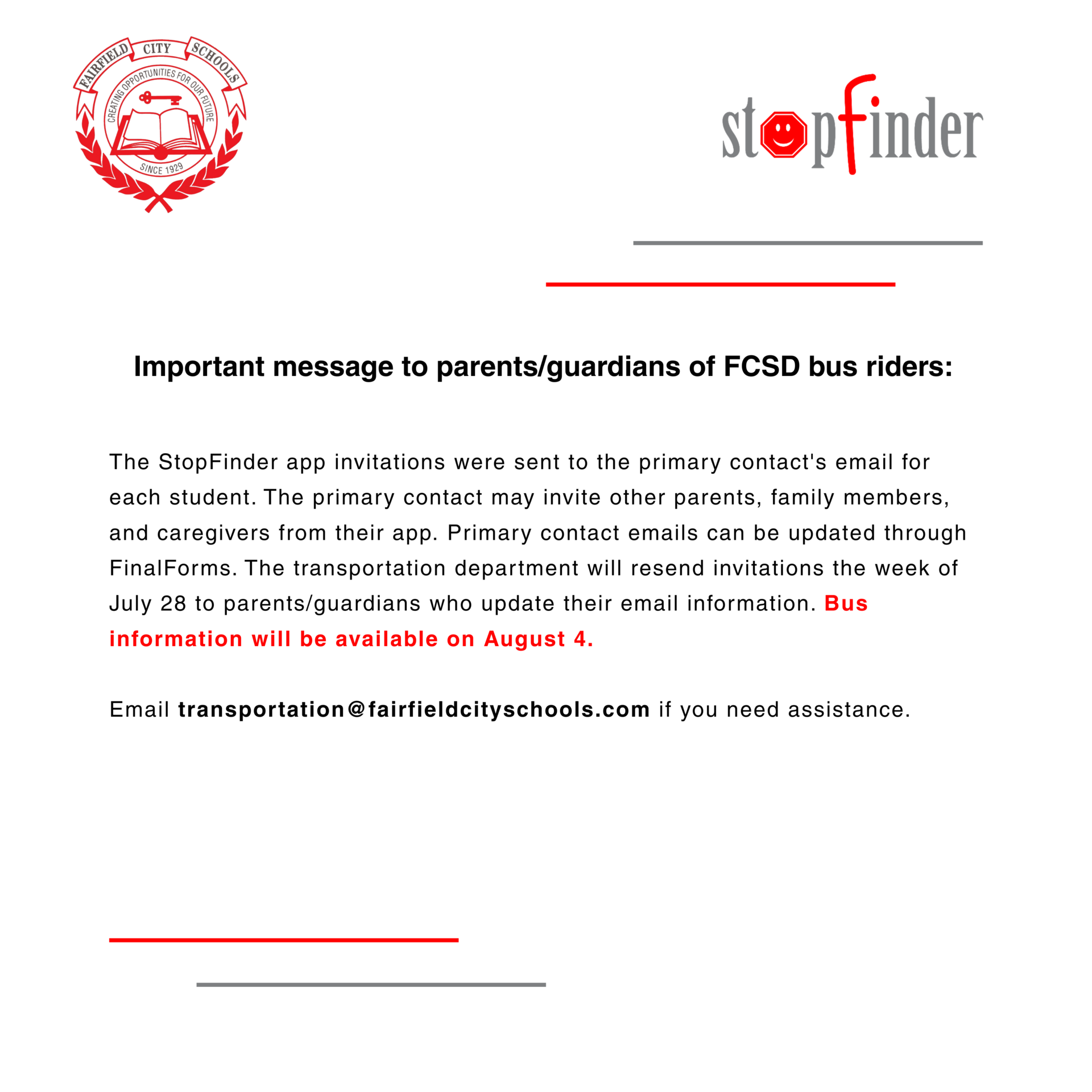 Image explaining that StopFinder invitations were sent to parents about bus rider information.