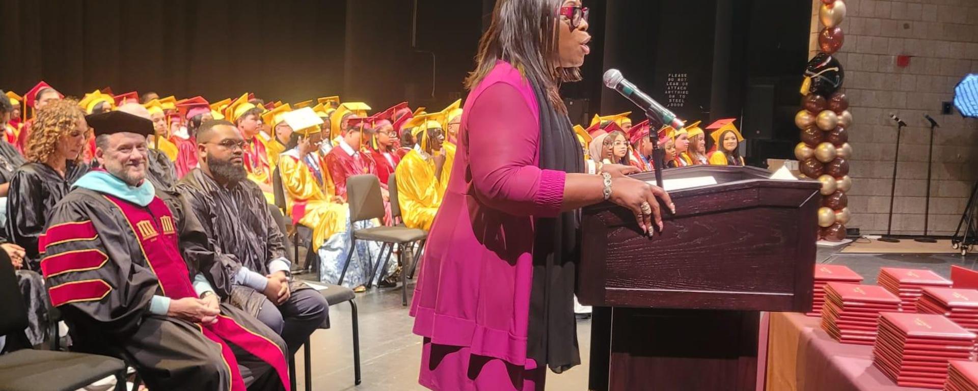 Bronx Borough President Vanessa L. Gibson speaking at Eximius College Prep. graduation.