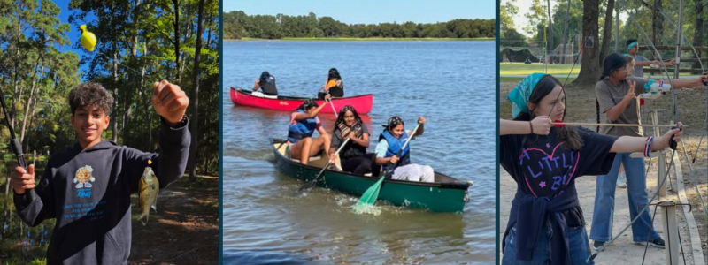 Catching a fish, canoeing, and archery