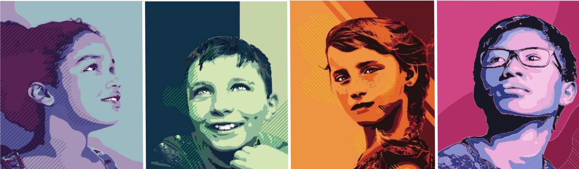 Four panels, children, with color screens. over the images