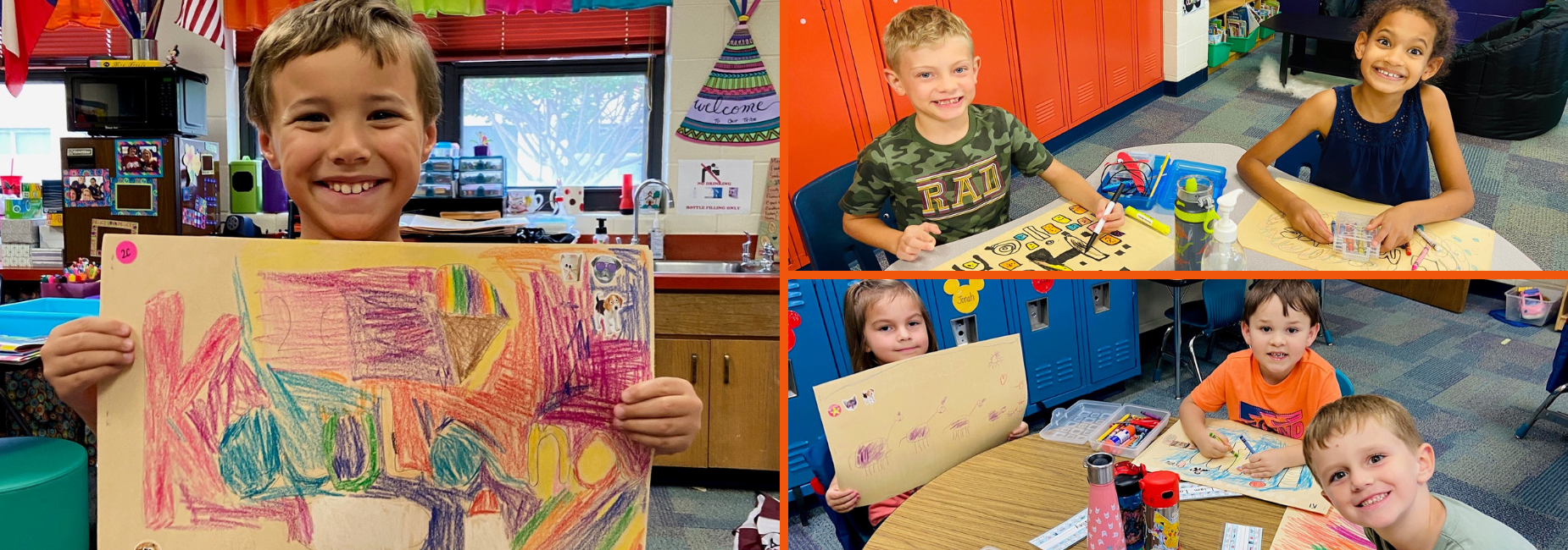 collage of 3 pictures with students coloring