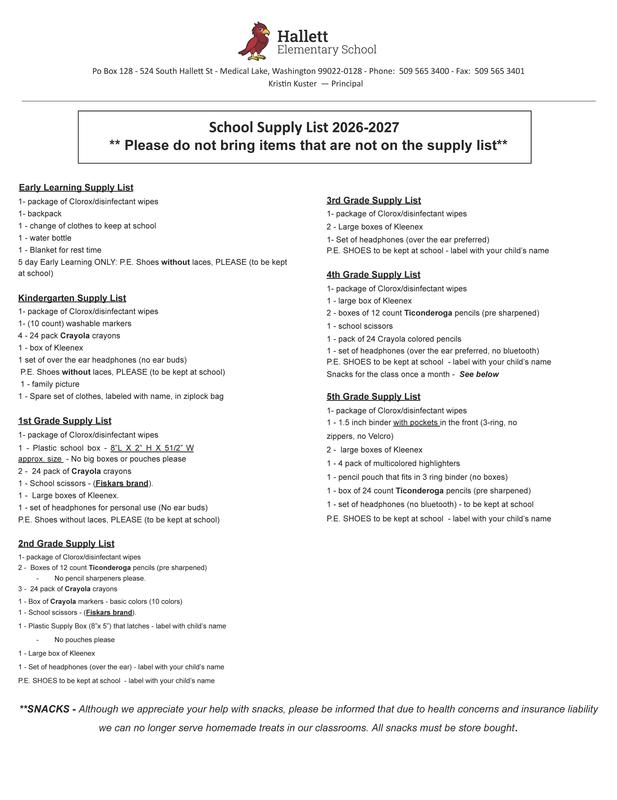 Back to School Supply List 2026-27