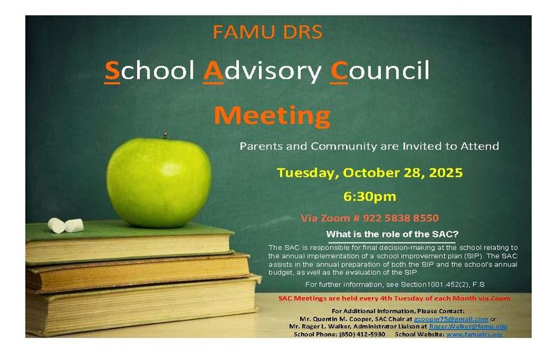 FAMU DRS School Advisory Meeting- Tuesday, October 28, 2025, at 6:30 pm. Featured Photo