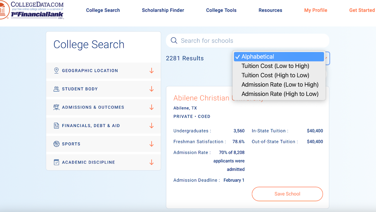 Screenshot of college search on collegedata.com
