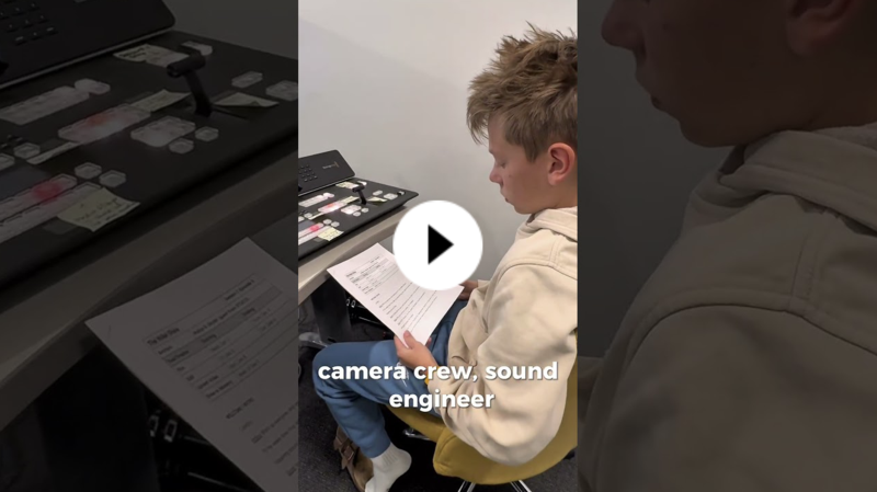 YouTube thumbnail of a middle schooler in a hoodie working in a broadcast studio.
