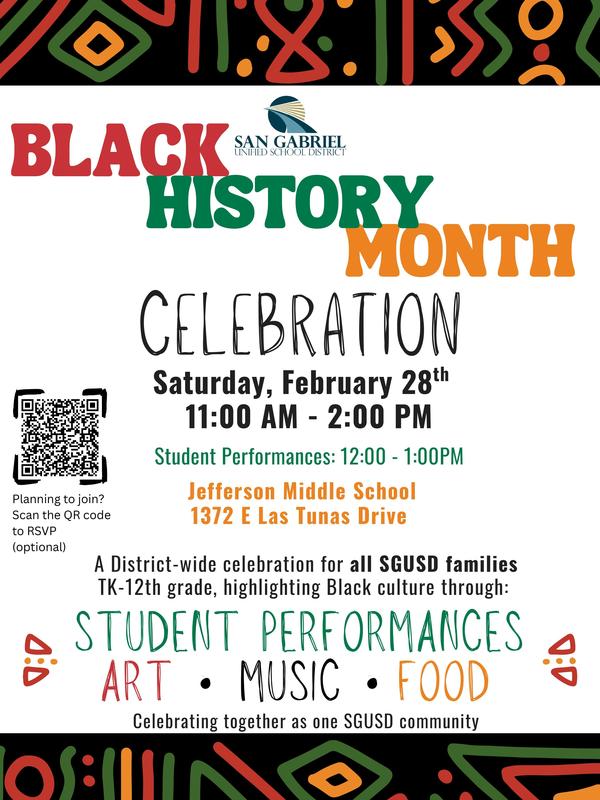Text mentioning the Black History Month Celebration at Jefferson Middle School on 2/28/26