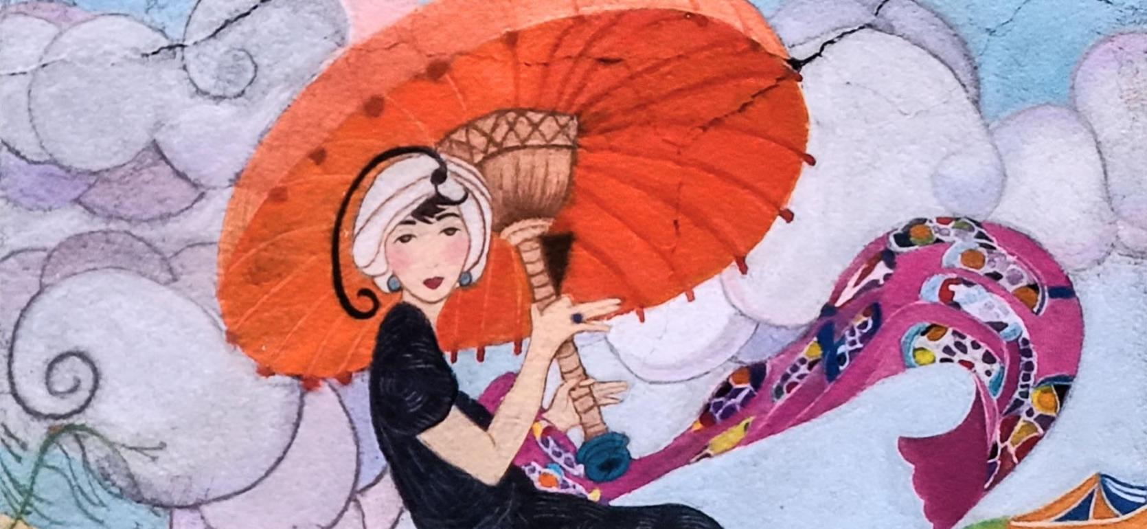 A colorful artwork depicting a woman in black with an umbrella and whimsical background.