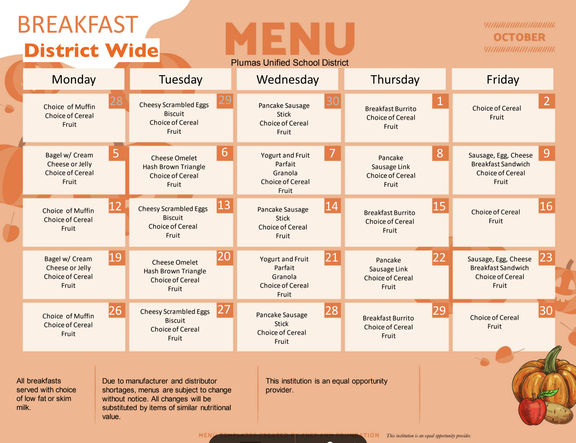 October Breakfast Menu