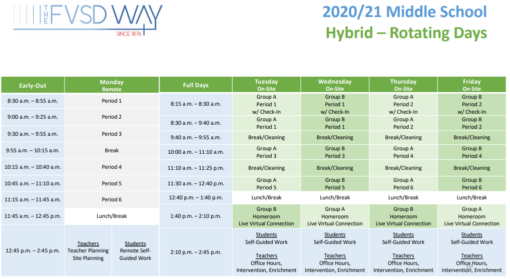 Middle School Hybrid Schedule (please call 714-843-3200 if you need assistance)