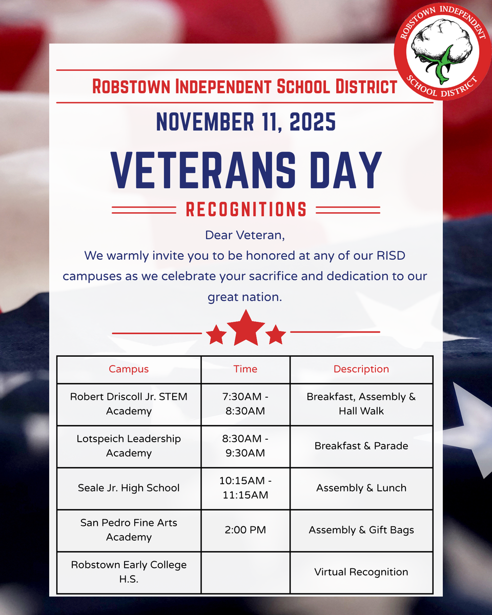 Veterans Day event schedule with times, locations, and descriptions for various campuses.
