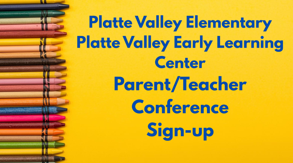 Yellow box with colorful crayons and text for Parent Teacher Conferences