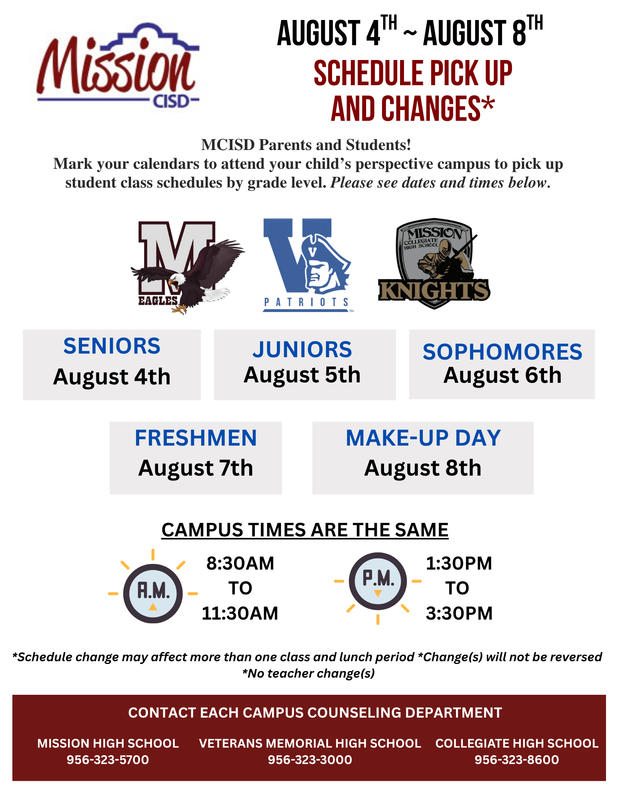 Mission CISD Announces Class Schedule Pick-Up Dates for 2025–2026 School Year