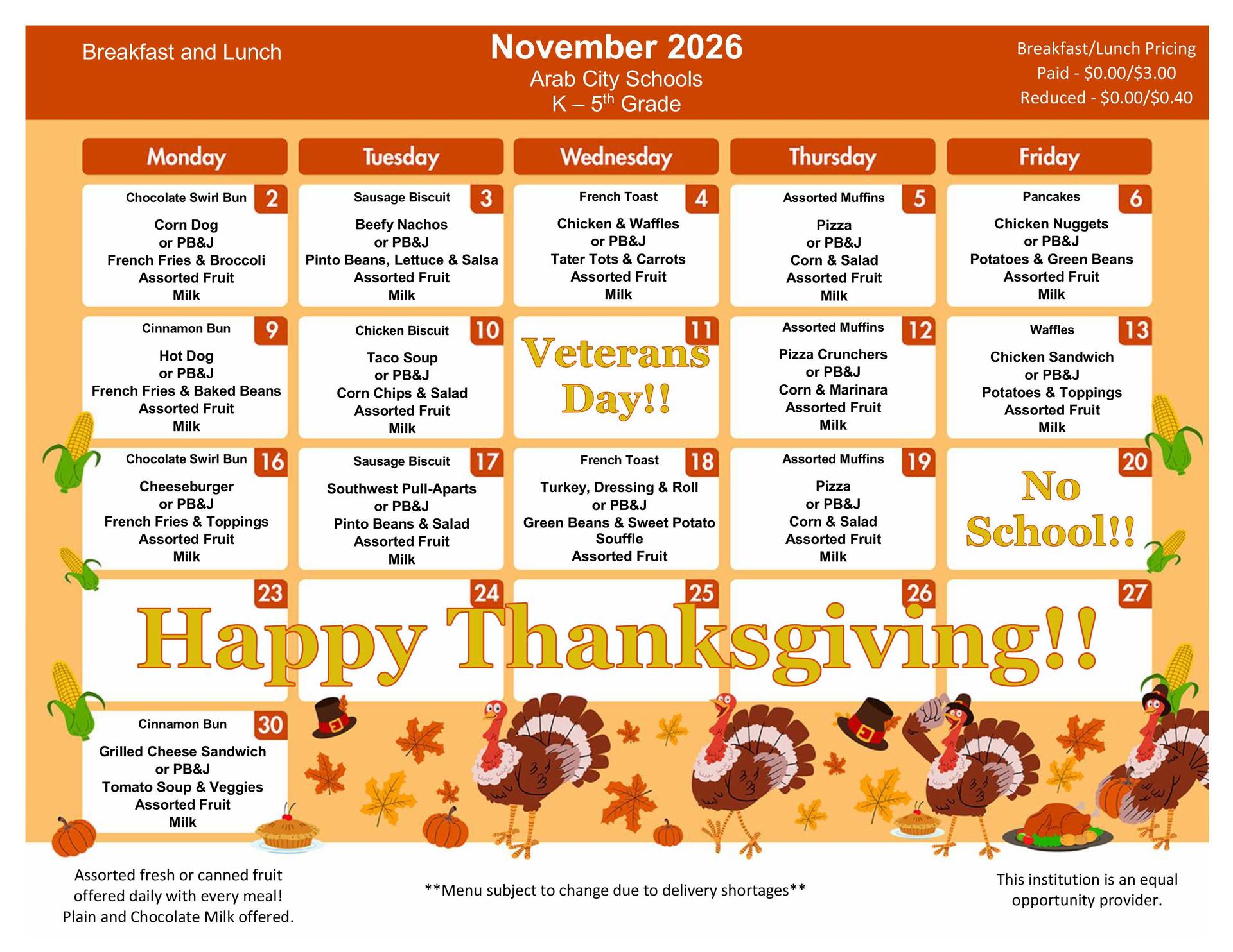 November 2026 Menu PreK-5