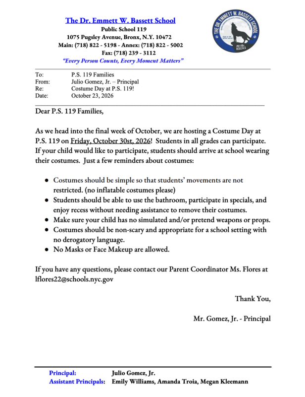 Costume Day at P.S. 119x Letter October 2026