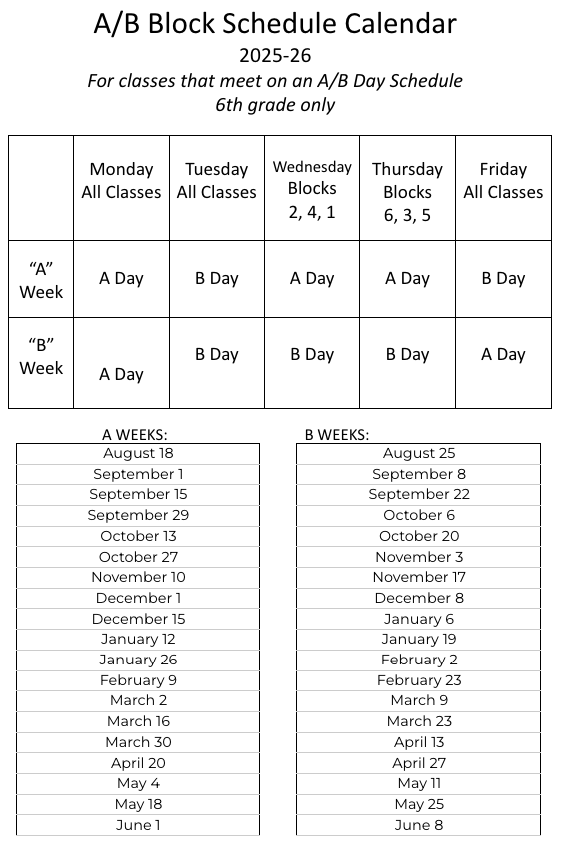 6th Grade A-B Schedule 2025 2026