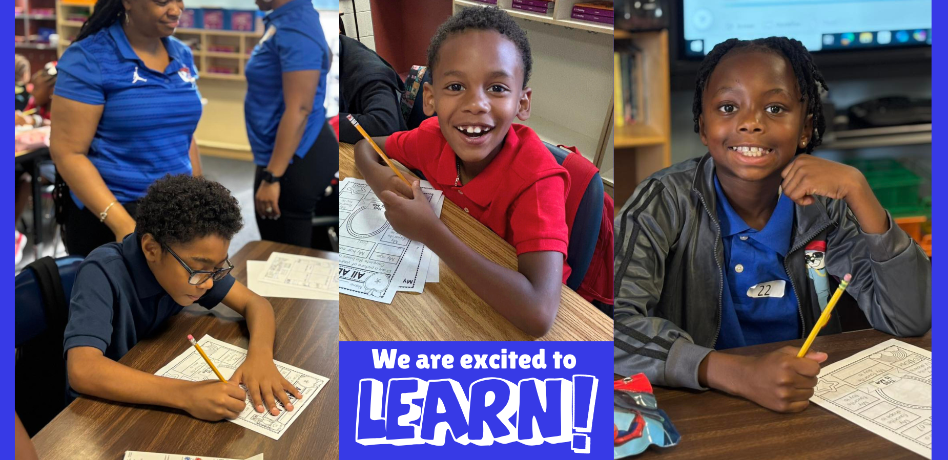Excited to learn students doing worksheets with smiles