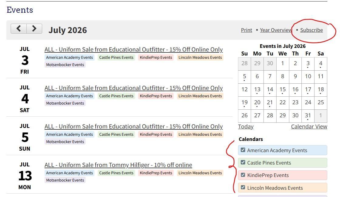 Clip of event calendar list with block calendar and the word "subscribe" circled in red