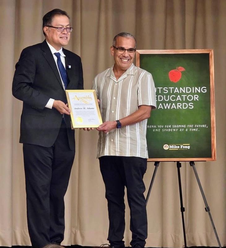 Mike Fong presents award to Andrew Adanto (Photo Courtesy of South Pasadena Unified School District)