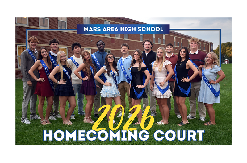 Group of high school students in formal attire, posing for homecoming court photo.