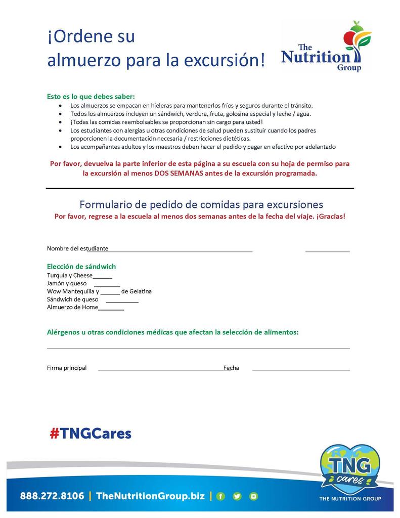 Field Trip Lunch Order Form in Spanish