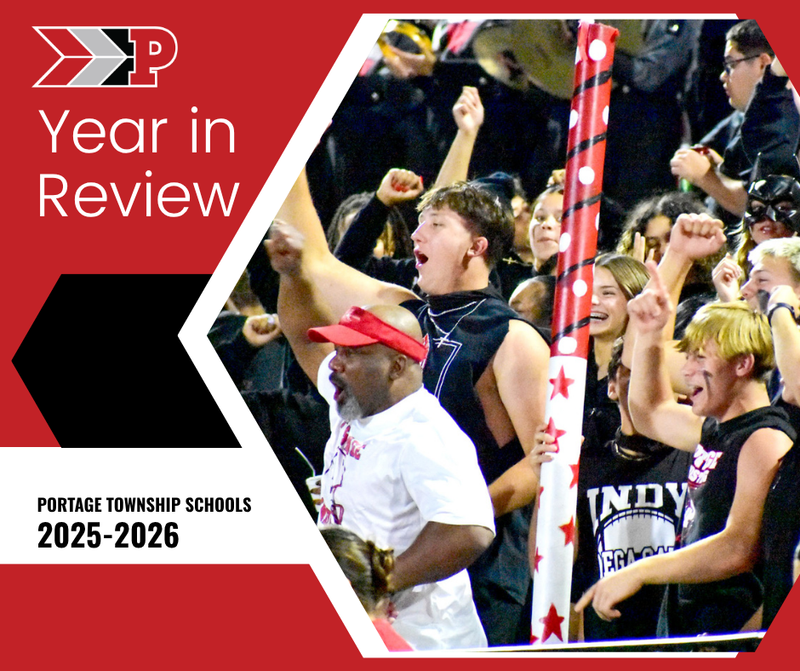 Year in review graphic with photo of fans cheering at a game.