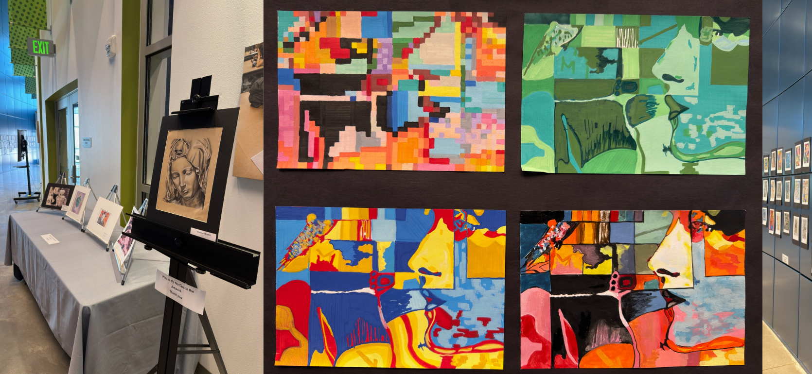 Art exhibit featuring abstract portrait paintings on a wall and a drawing easel.