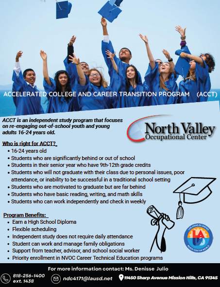 ACCT flier students throwing graduation caps in air. explains ACCT (accelerated college and career transition) Program details