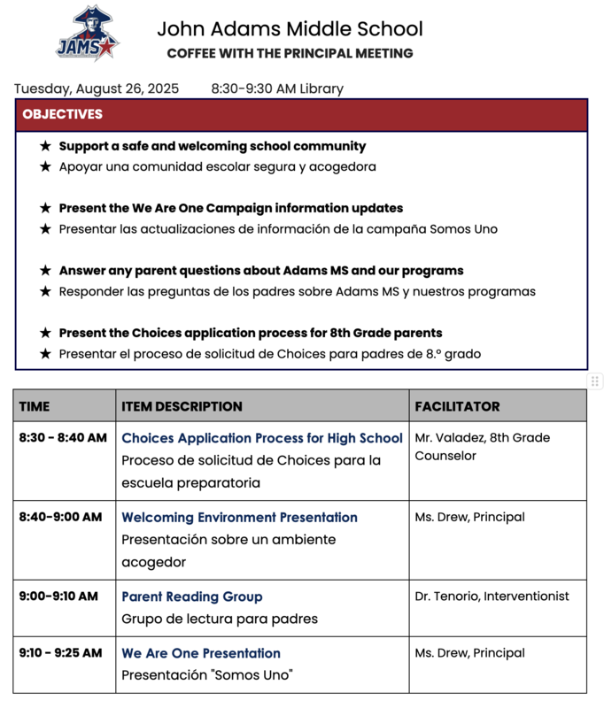 Agenda for Coffee with the Principal