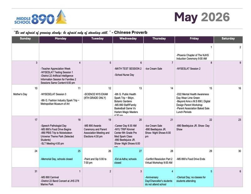 Calendar for May 2026 with events and holidays noted.