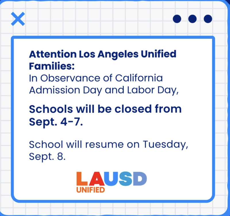 School Closed 9/4 and 9/7