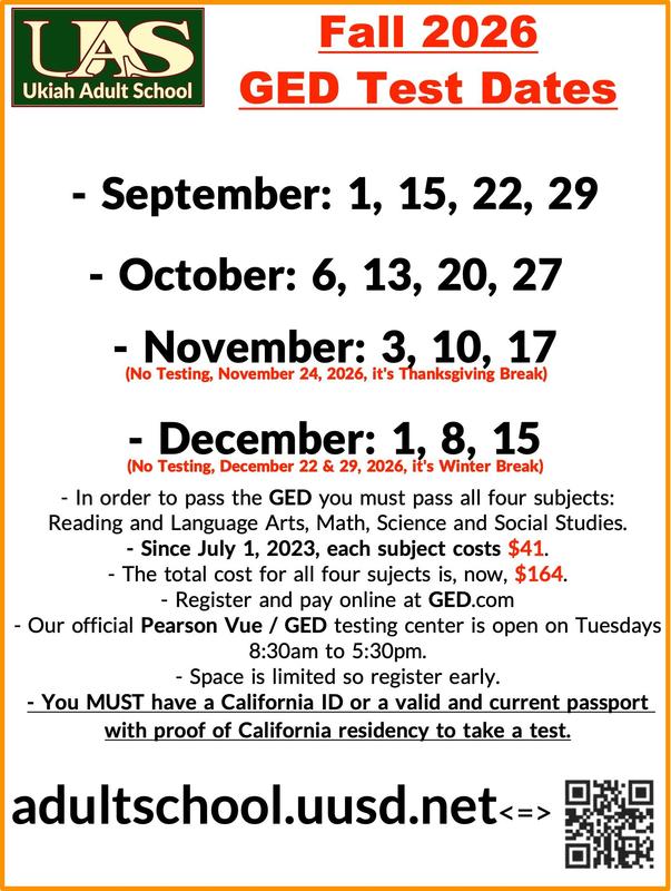 Fall 2026 GED / Pearson-Vue test dates poster.