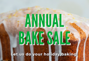 Photo of a cake with words ANNUAL BAKE SALE