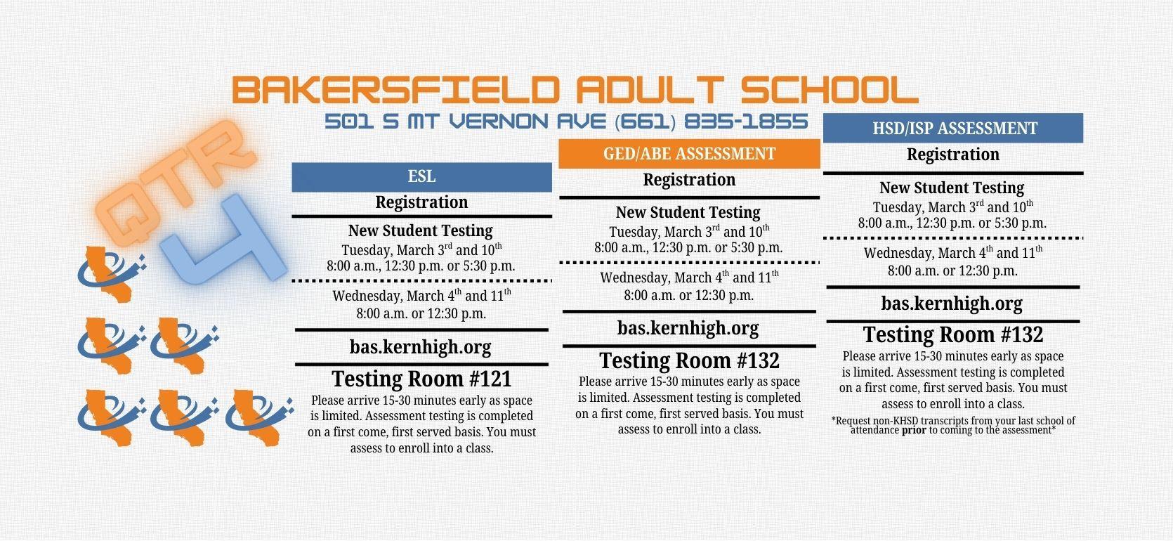 Schedule for Bakersfield Adult School including registration details and testing information.