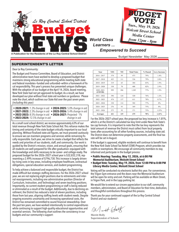 Le Roy CSD Budget Newsletter 2026 - 2027