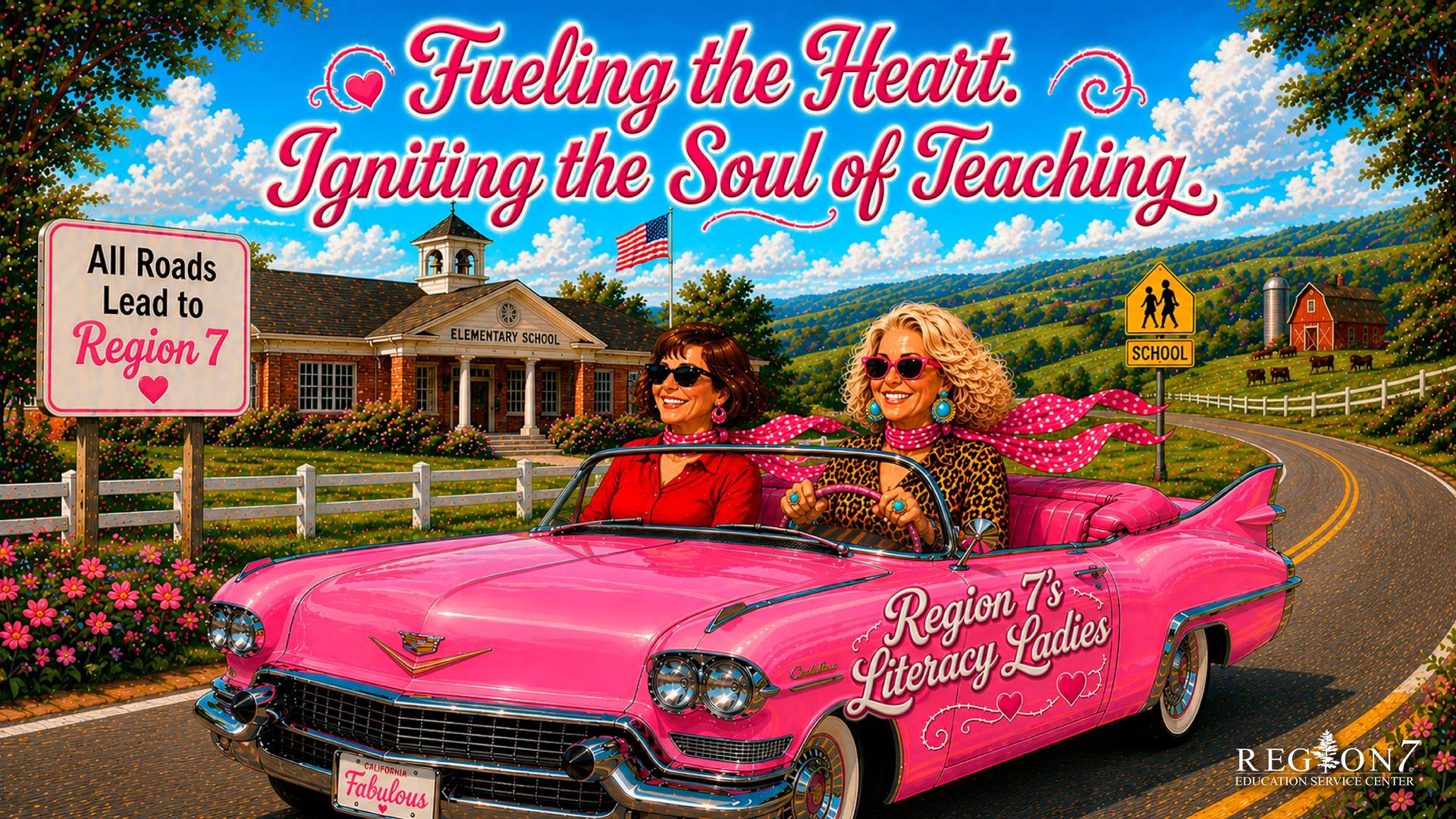Region 7 literacy team travels a pink convertible toward a school on a bright country road.