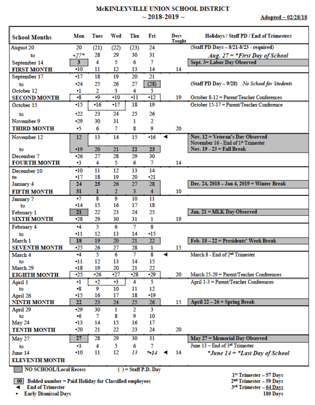 Academic Calendar 2018-2019