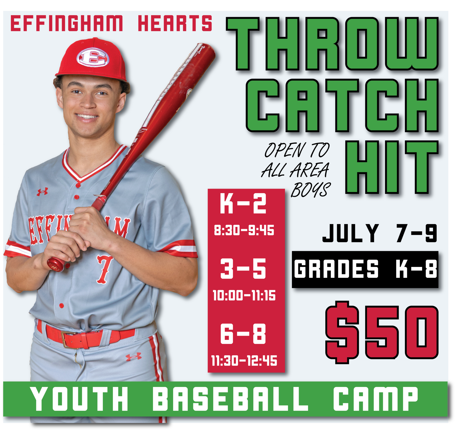 Baseball player and details of youth summer baseball camp 2026