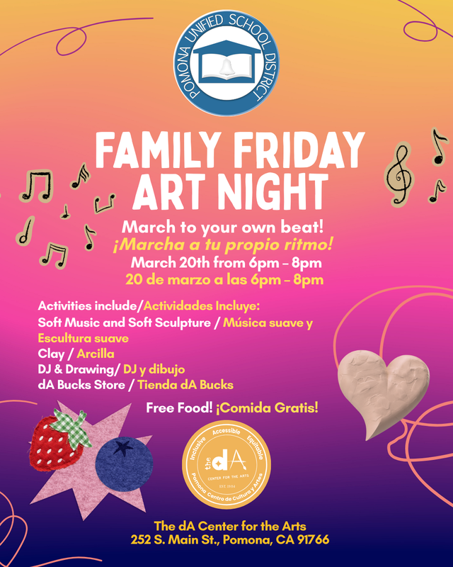 Family Art Night at the dA Center! - image for web, English Text, Friday 3/20/26