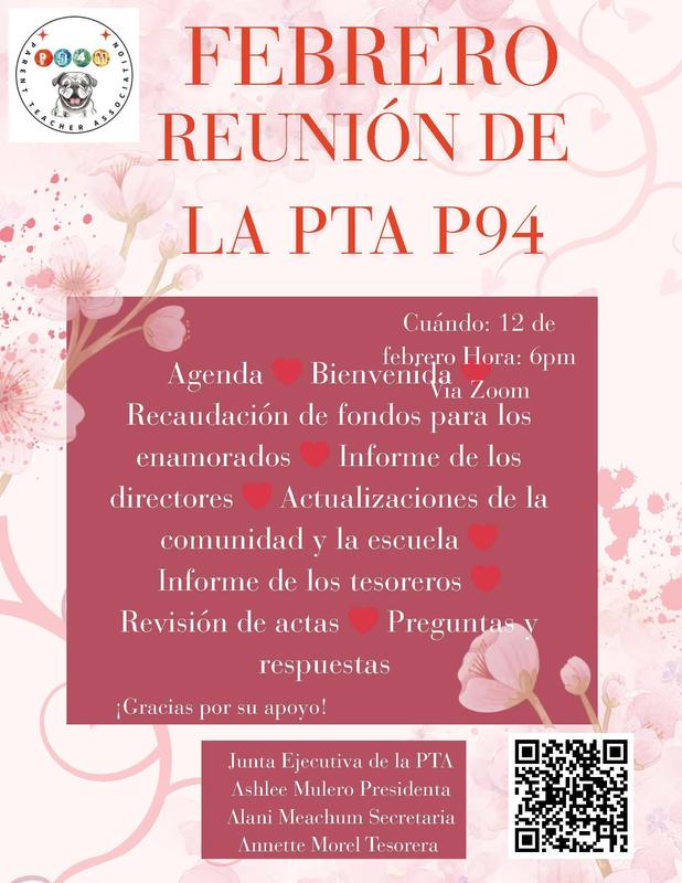 Poster announcing the February P94 PTA Meeting on February 12th at 6pm via Zoom. - Spanish