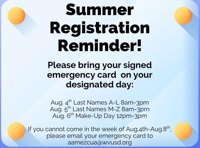 Summer Registration/Data Confirmation Days- All Students (new & returning) Thumbnail Image