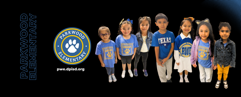 Group of children wearing blue shirts with Parkwood Elementary branding.
