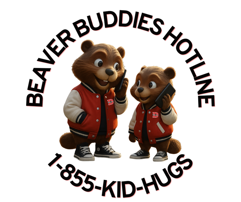 Beaver Buddies Hotline logo two Beavers holding cell phones with the number 1-855-KID-HUGS