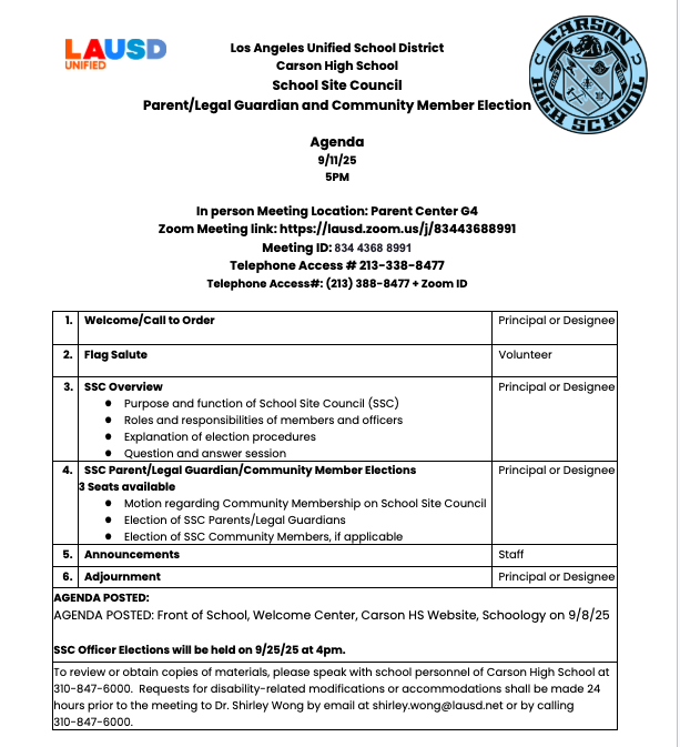 SSC Parent/Guardian/Community Member Election 9/11/25 at 5pm